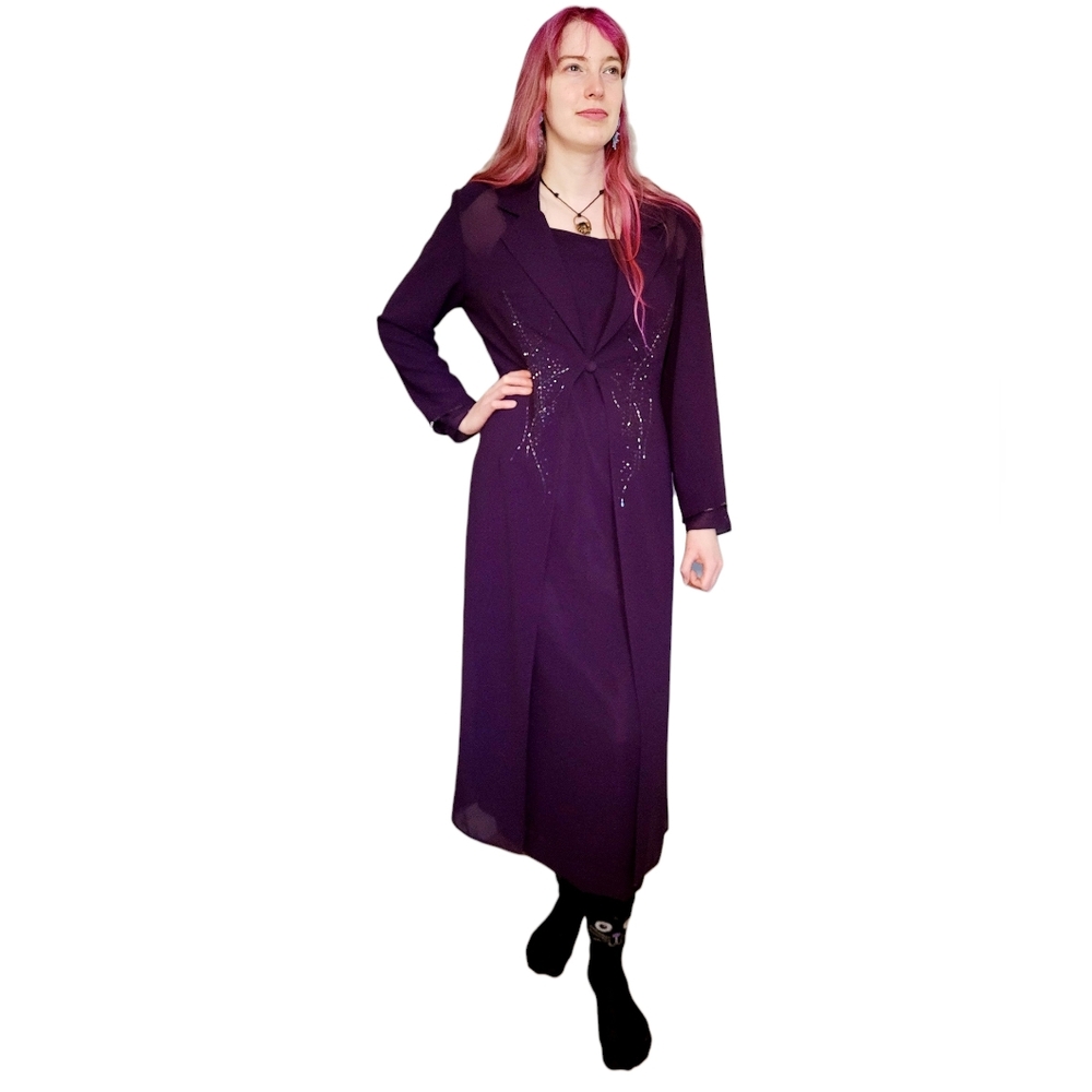 2pc Vintage Gilani Beaded Dress Duster Set Royal Purple Whimsigoth Y2K